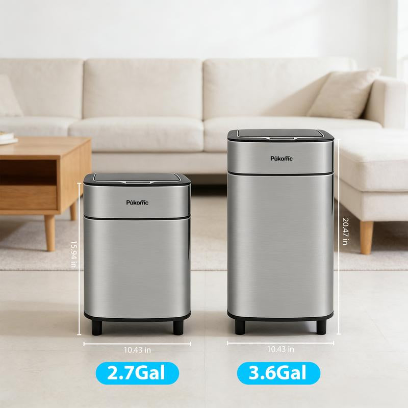 Pukomc Smart Sensing Touchless Trash Can 2.7Gal Motion Activated Auto Open Close Odor Sealed Bin with Digital Display Soft Close Lid Stainless Steel