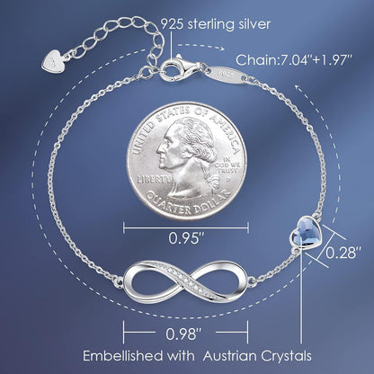 Valentine'S Day Gift Infinity Heart Birthstone Charm Link Bracelet for Women 925 Sterling Silver Adjustable Mother'S Day Christmas Day Gift Anniversary Birthday Jewelry for Wife Girlfriend Her