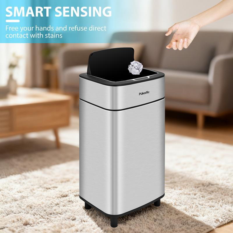 Pukomc Smart Sensing Touchless Trash Can 2.7Gal Motion Activated Auto Open Close Odor Sealed Bin with Digital Display Soft Close Lid Stainless Steel
