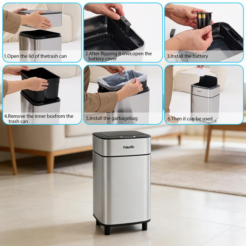 Pukomc Smart Sensing Touchless Trash Can 2.7Gal Motion Activated Auto Open Close Odor Sealed Bin with Digital Display Soft Close Lid Stainless Steel