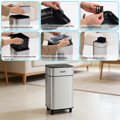 Pukomc Smart Sensing Touchless Trash Can 2.7Gal Motion Activated Auto Open Close Odor Sealed Bin with Digital Display Soft Close Lid Stainless Steel