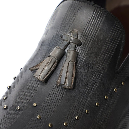 Top Grade Luxury Men's Genuine Leather Loafers | Original Stripe Rivets & Tassel Casual Flat Shoes