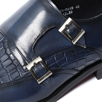 Elegant Men's Genuine Leather Monk Strap Shoes | Stone Pattern Print Double Buckle & Cap Toe (Business, Party, Social)