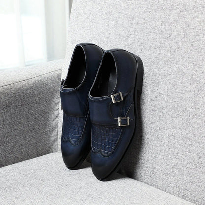 Elegant Men's Genuine Leather Monk Strap Shoes | Stone Pattern Print Double Buckle & Cap Toe (Business, Party, Social)