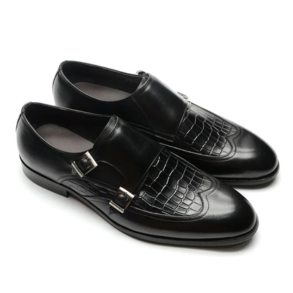 Elegant Men's Genuine Leather Monk Strap Shoes | Stone Pattern Print Double Buckle & Cap Toe (Business, Party, Social)