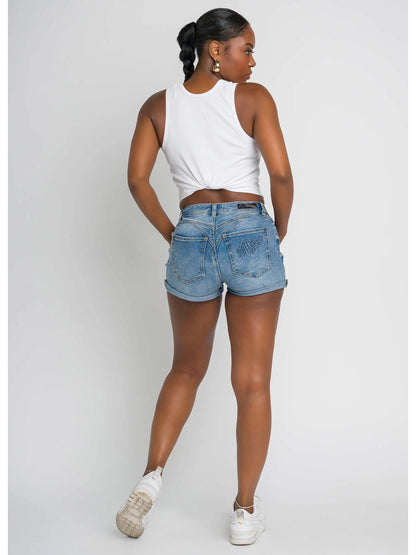 Forbidden Fit Destructed Roll Cuff Shorts - Medium Wash