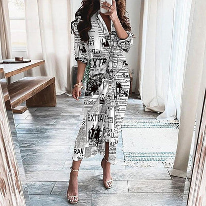 Mandotos European And American Print Long Sleeve Laceup Button Front Shirt Dress