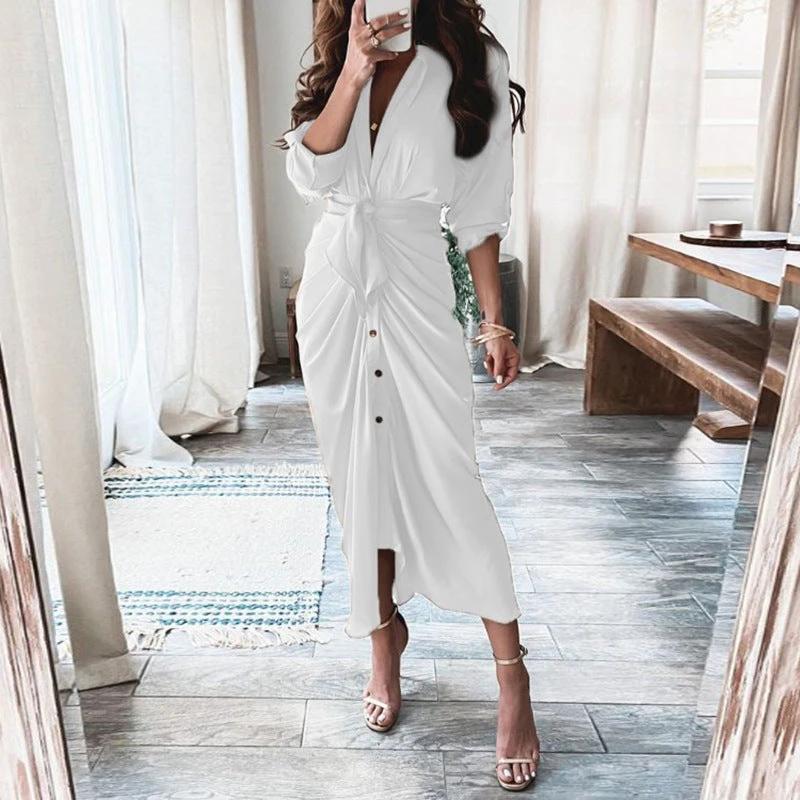 Mandotos European And American Print Long Sleeve Laceup Button Front Shirt Dress