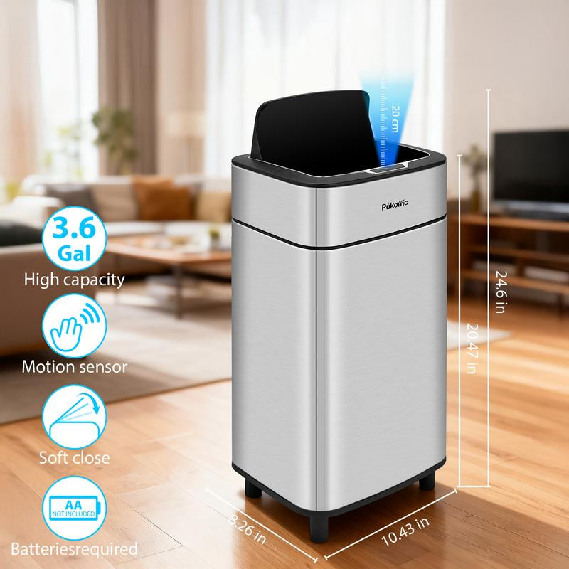 Pukomc Smart Sensing Touchless Trash Can 2.7Gal Motion Activated Auto Open Close Odor Sealed Bin with Digital Display Soft Close Lid Stainless Steel