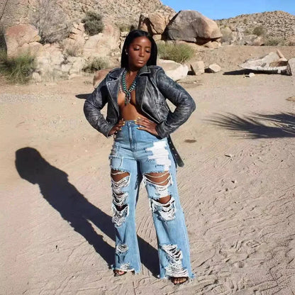 Jeans Women Long Pants Elegant Splice Denim Pant Slim Fit Sexy Hole High Waist Button Pocket Straight Trousers Summer 2024